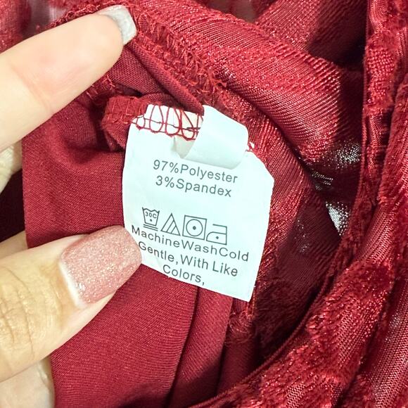 Velvet Burnout Bodysuit M Red Floral Lace Plunge V-Neck Long Sleeve Whimsygoth - Picture 8 of 9